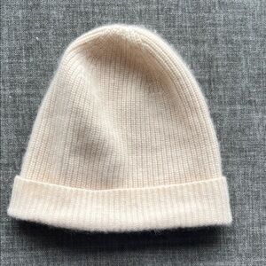 Auxiliary 100% Cashmere Ribbed Knit Beanie Hat in Cream Ivory